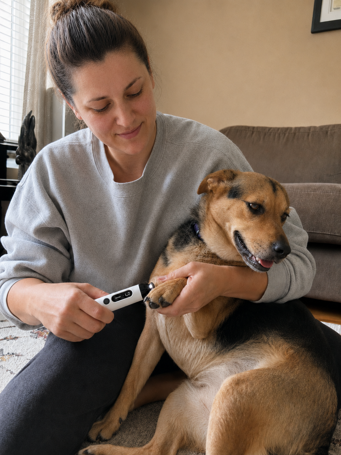 The same dog calm while its owner uses The Hush Grinder