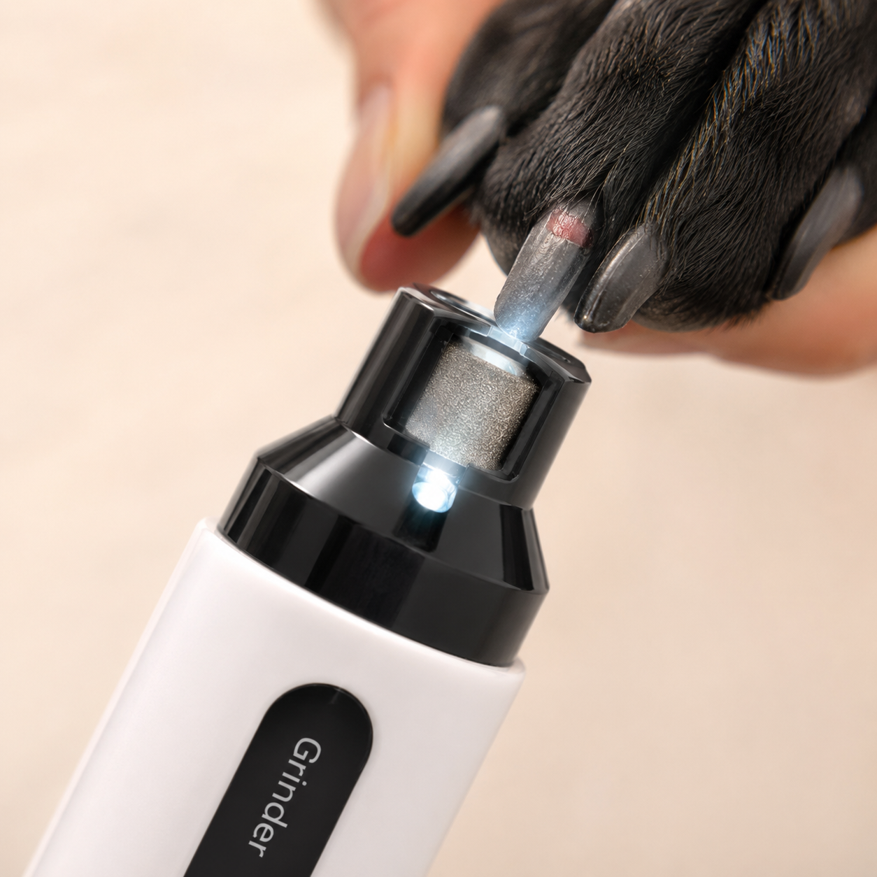 The Hush Grinder LED lighting up a dark dog nail