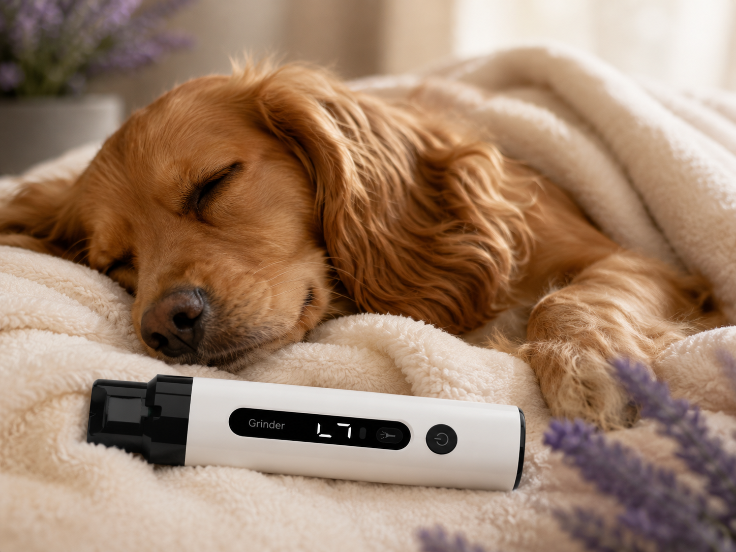 A dog sleeping calmly next to The Hush Grinder
