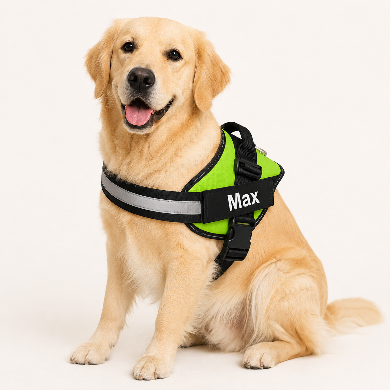 Large dog sitting in a green personalized harness