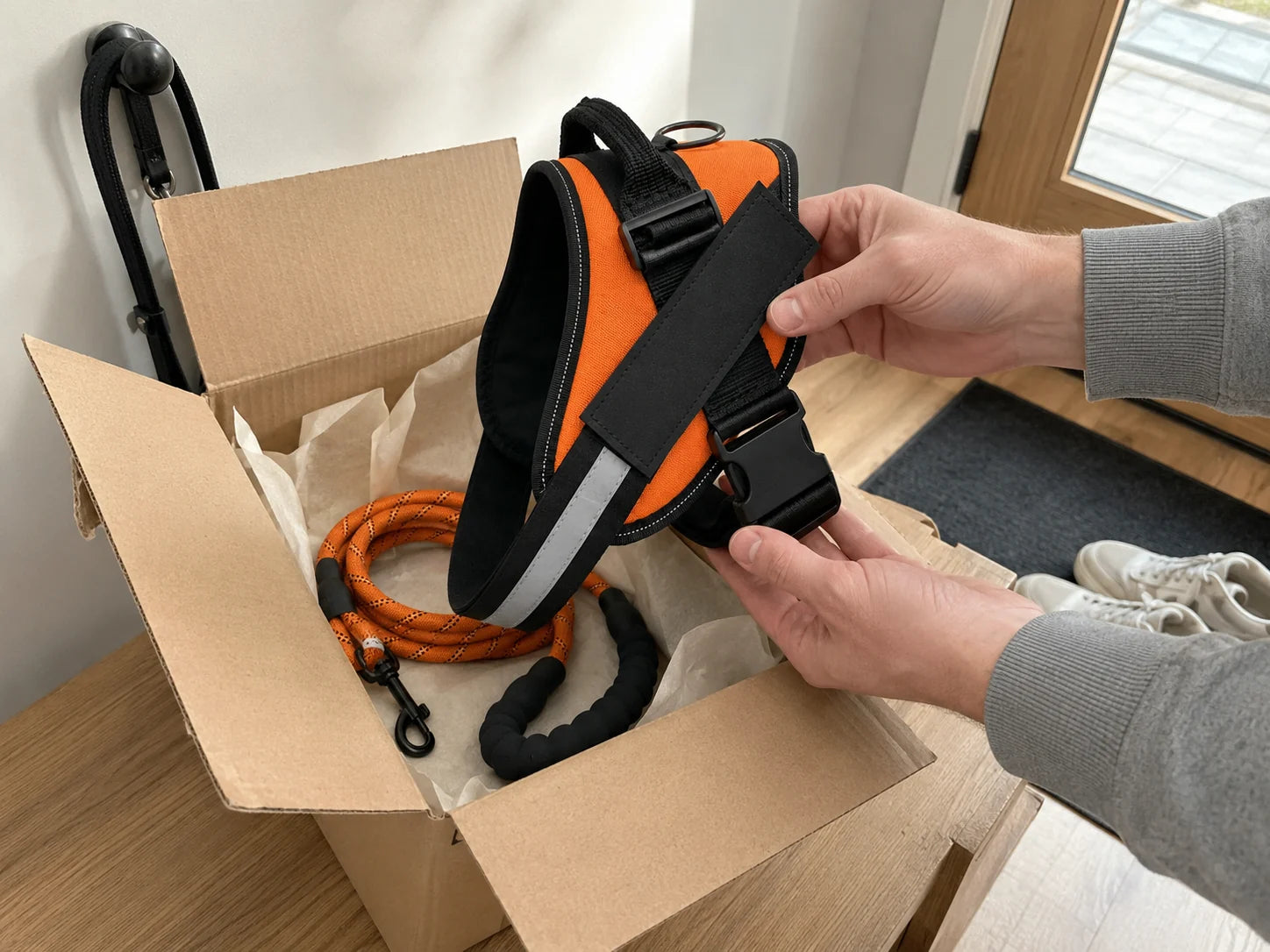 Orange DozyPup harness and matching leash being opened together