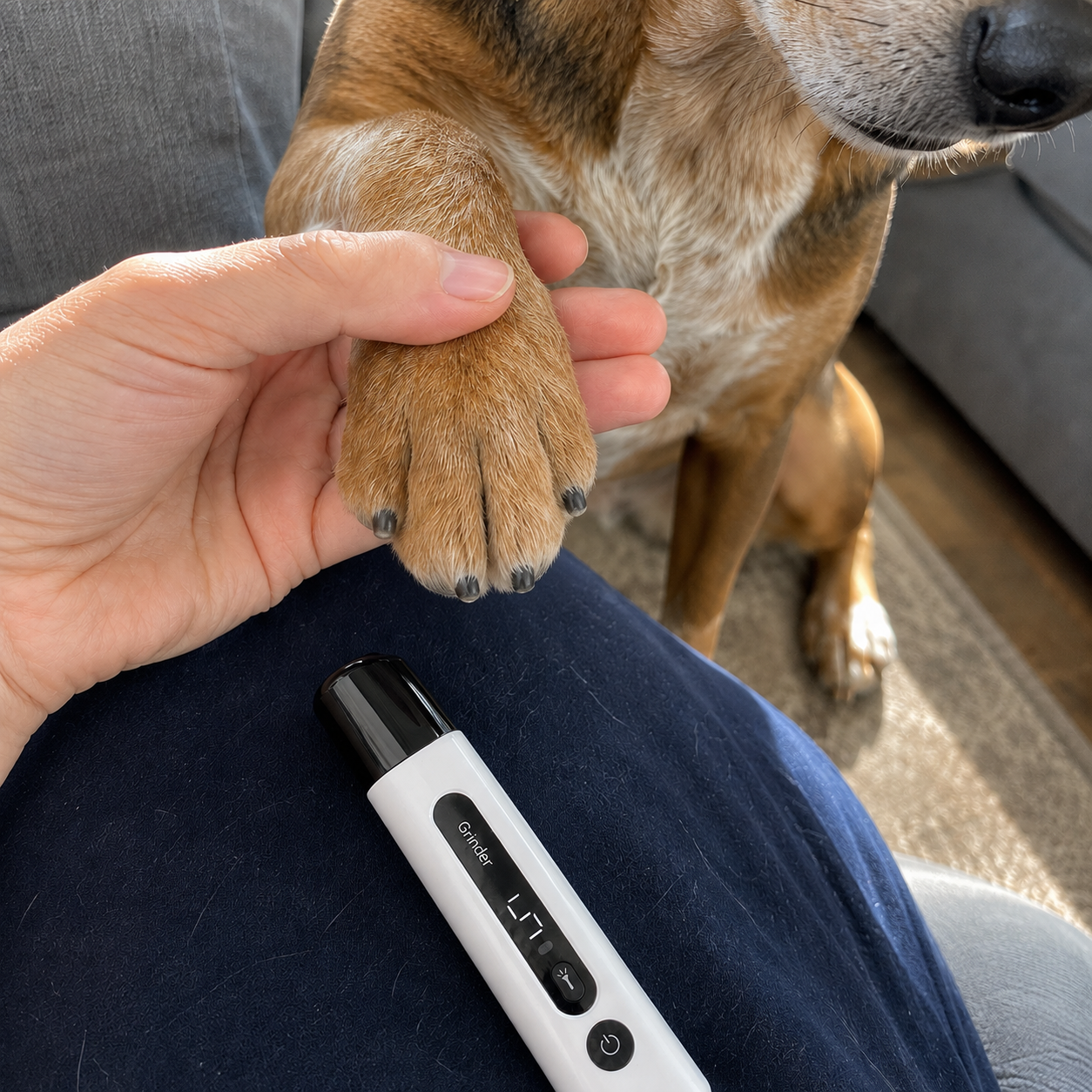 Hush Nail Grinder beside a gently held dog paw