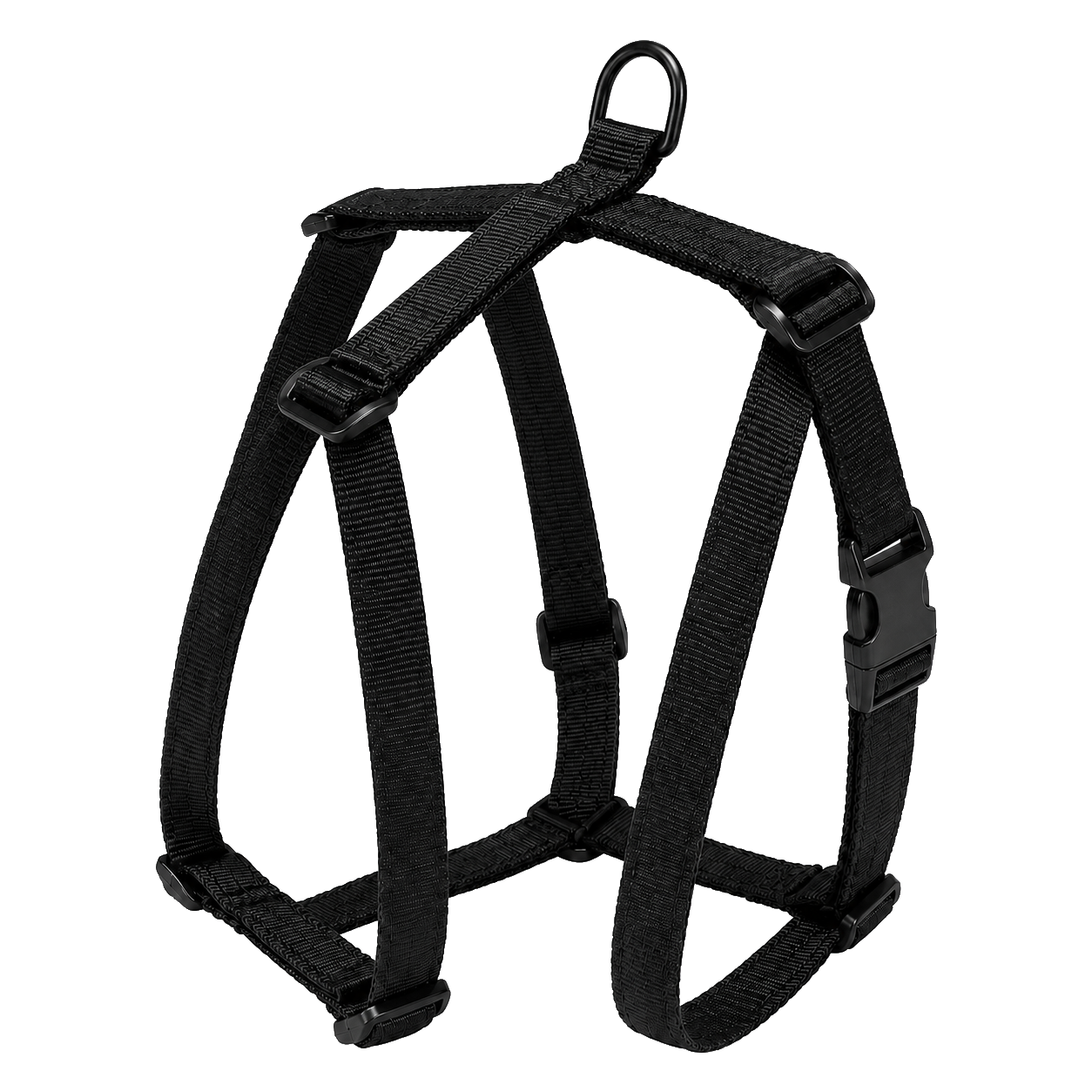 Basic black strap harness with narrow webbing and a top leash ring
