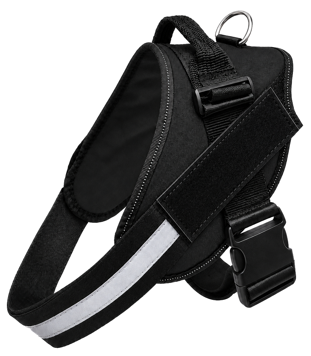 Black DozyPup harness with reflective strap, top handle, and D-ring