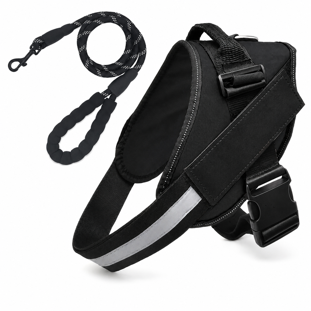 Black DozyPup harness and matching leash set