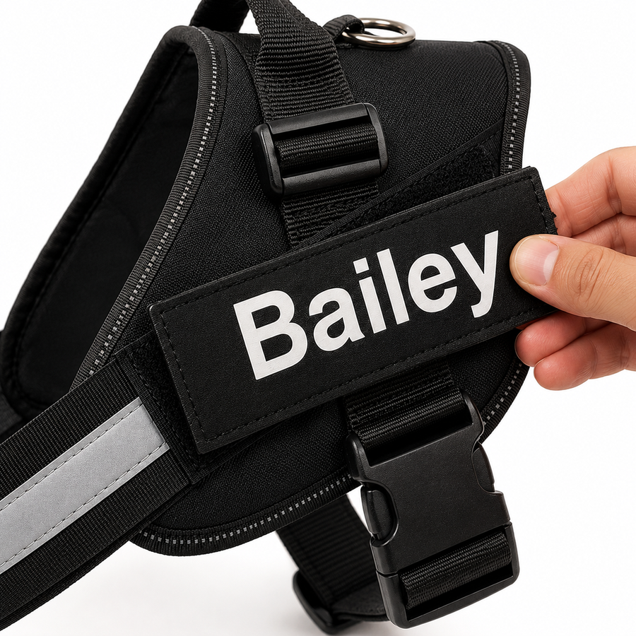 Personalized name patch attached to the harness