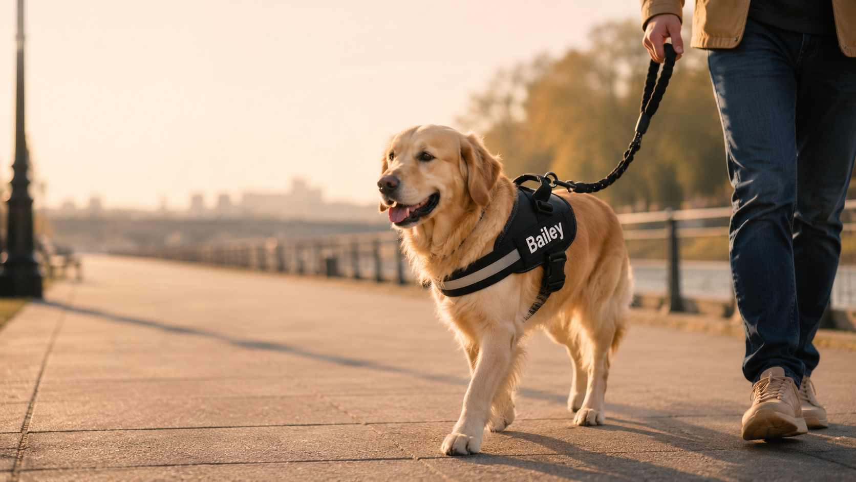 Dog walking beside its person in a personalized DozyPup harness
