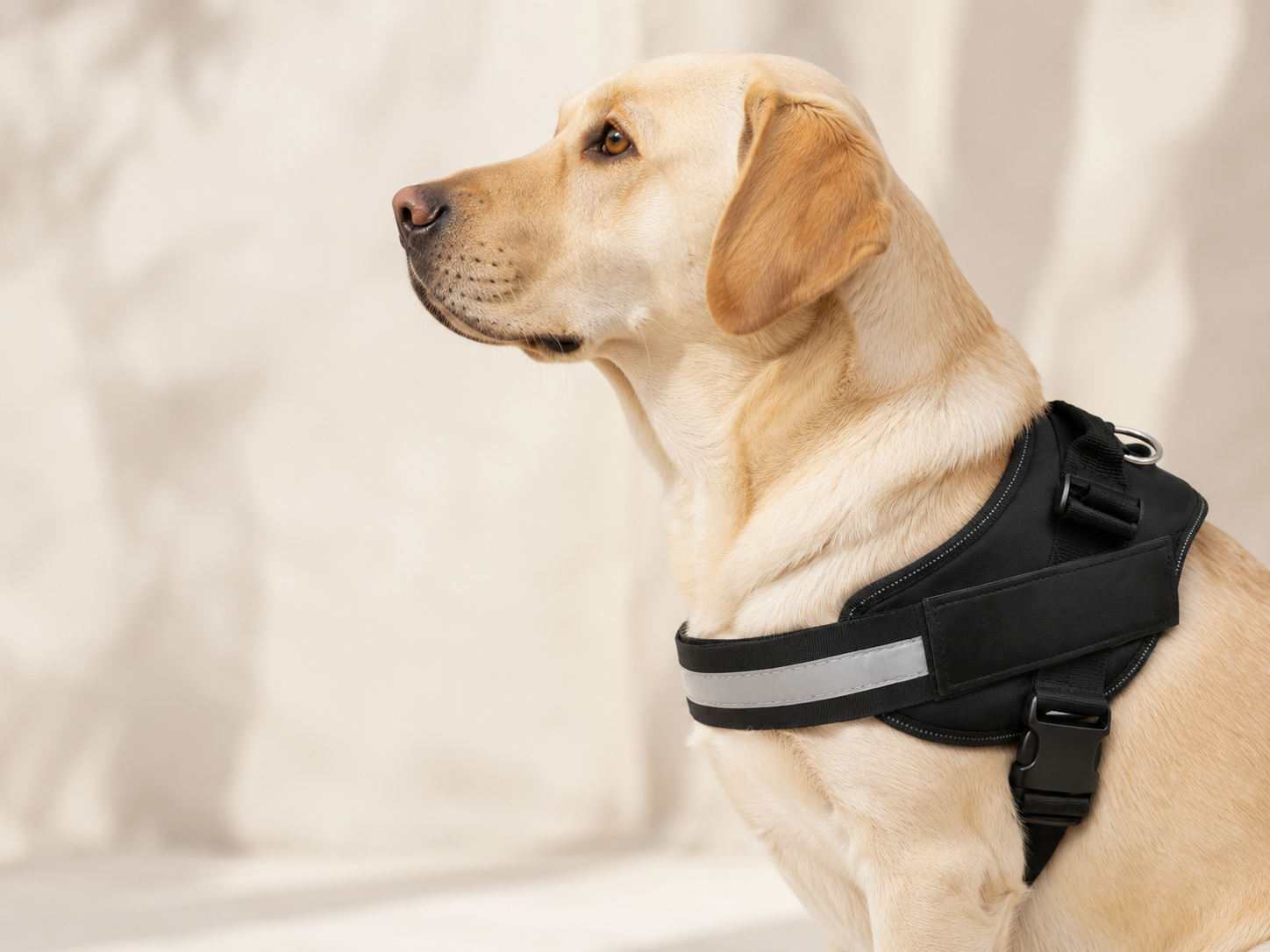 Side view of a dog wearing a securely fitted DozyPup harness