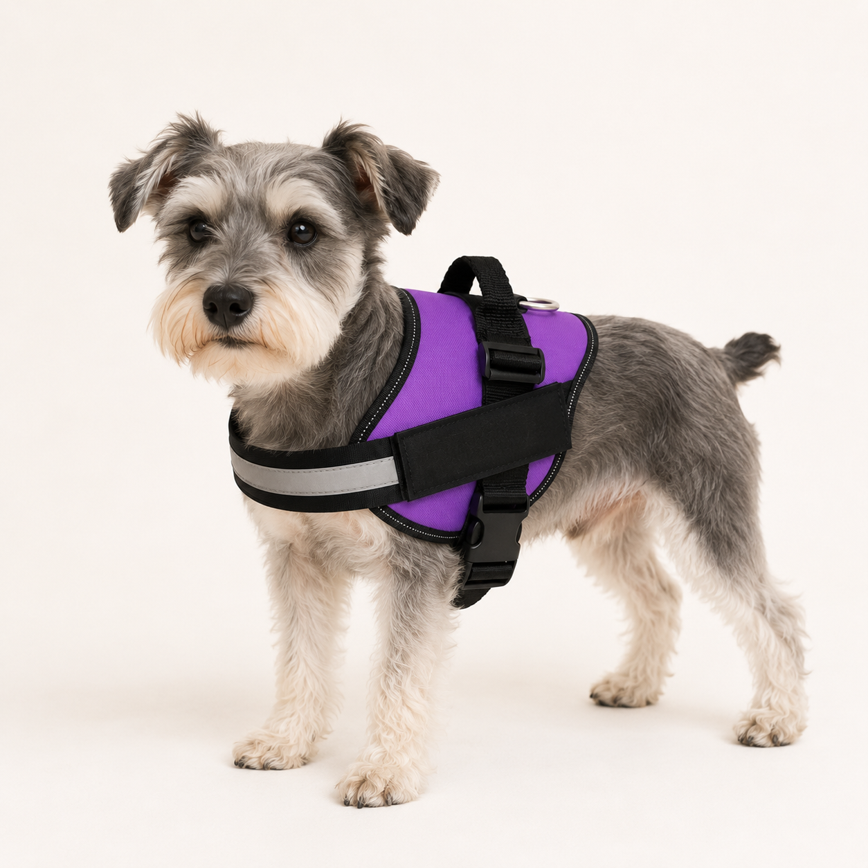 Small dog standing in a purple harness