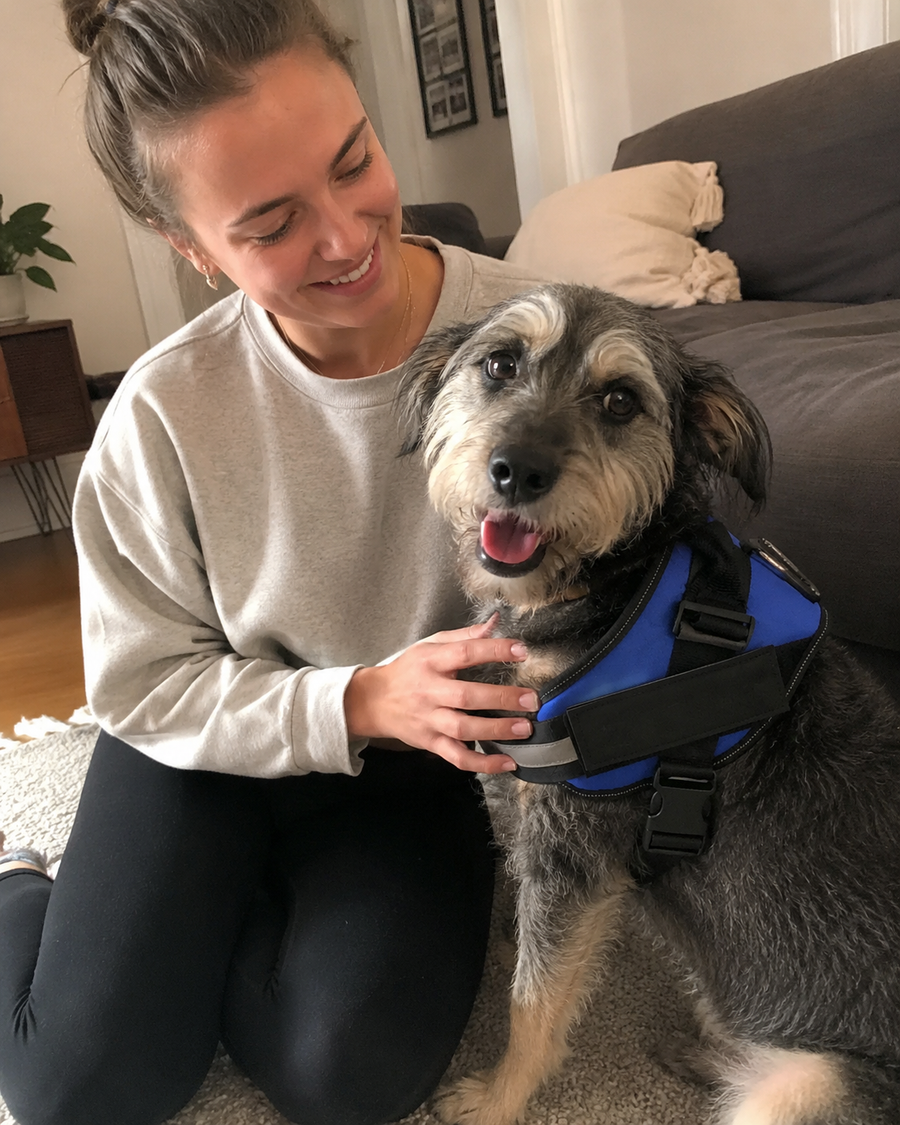 Dog and owner together with the harness
