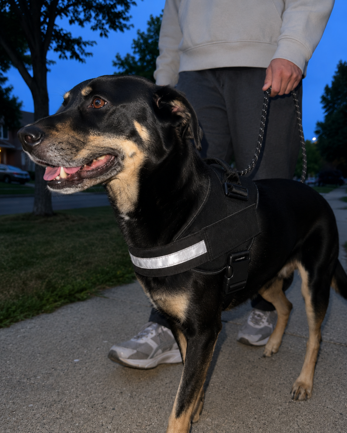 Dog walking at dusk with the reflective DozyPup front strip visible
