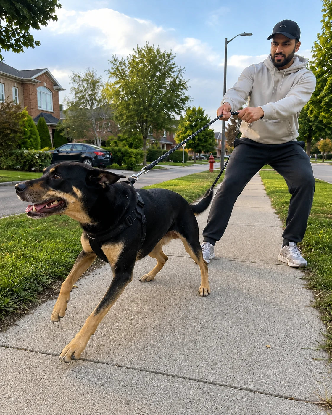 Dog pulling forward while its person braces and holds the leash