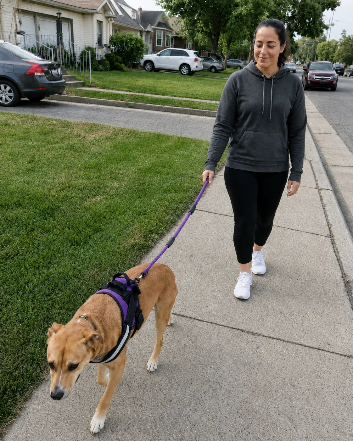 Dog walking with its person in a purple DozyPup harness