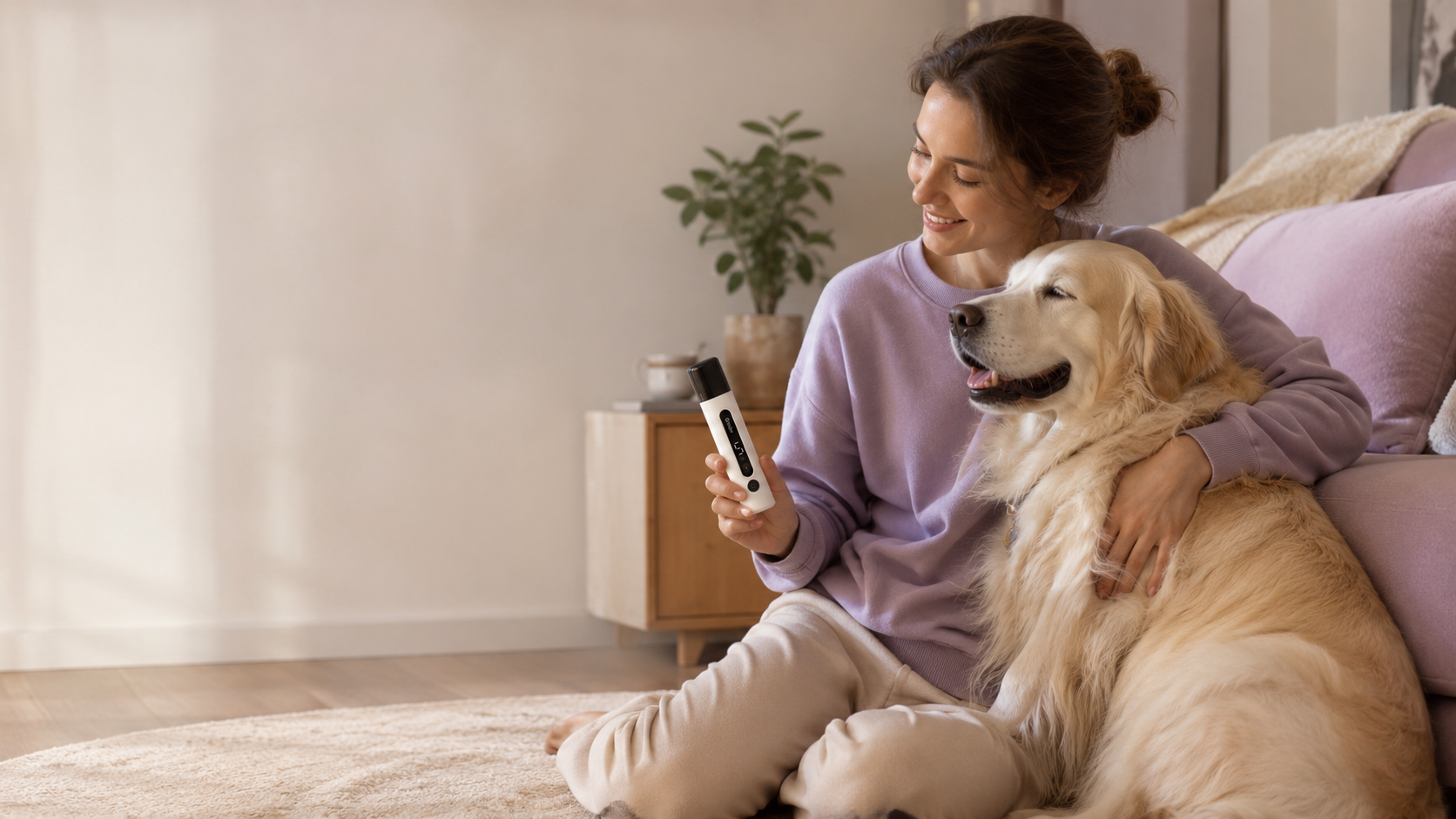 A calm dog resting with its owner holding DozyPup