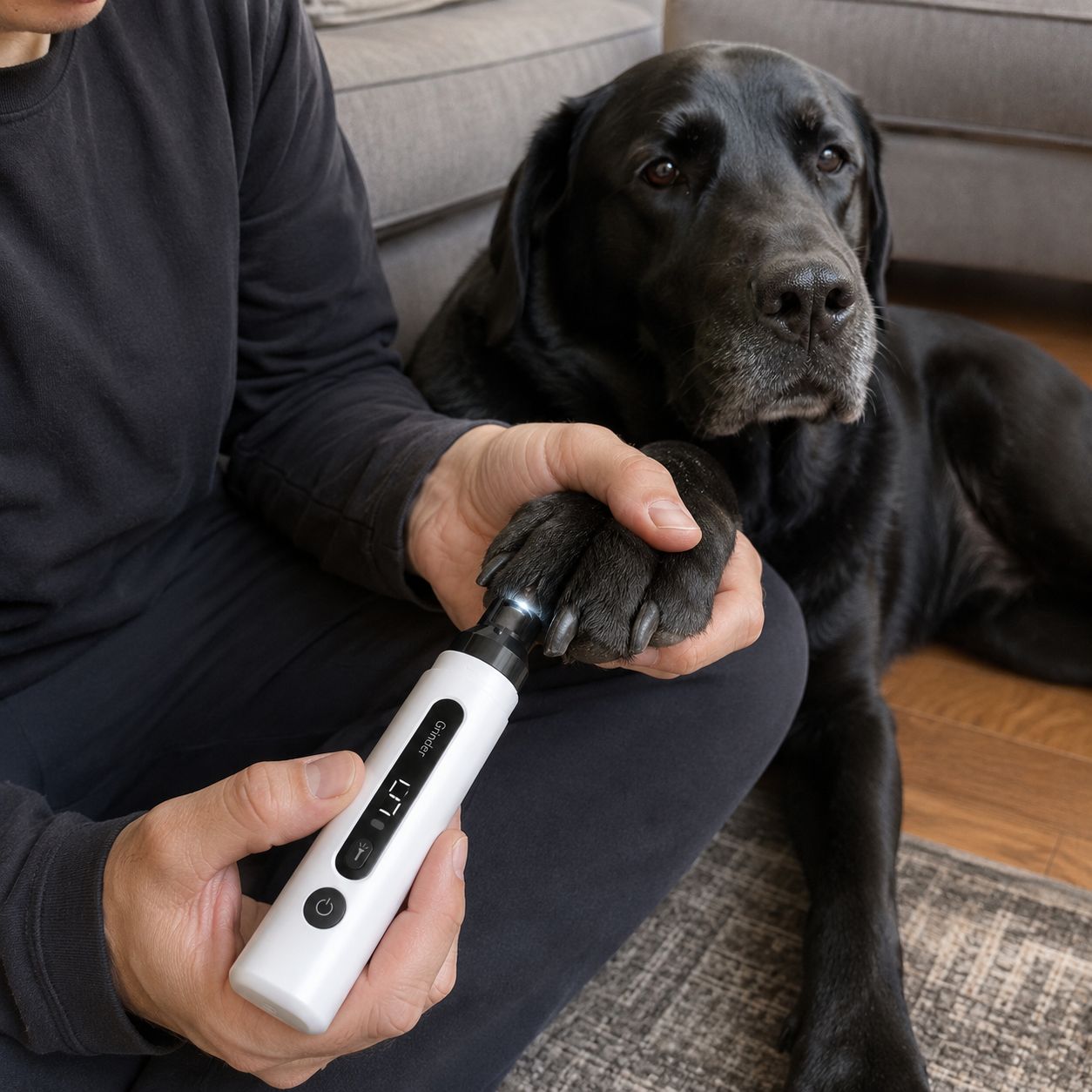 Hush Nail Grinder illuminating a dark dog nail
