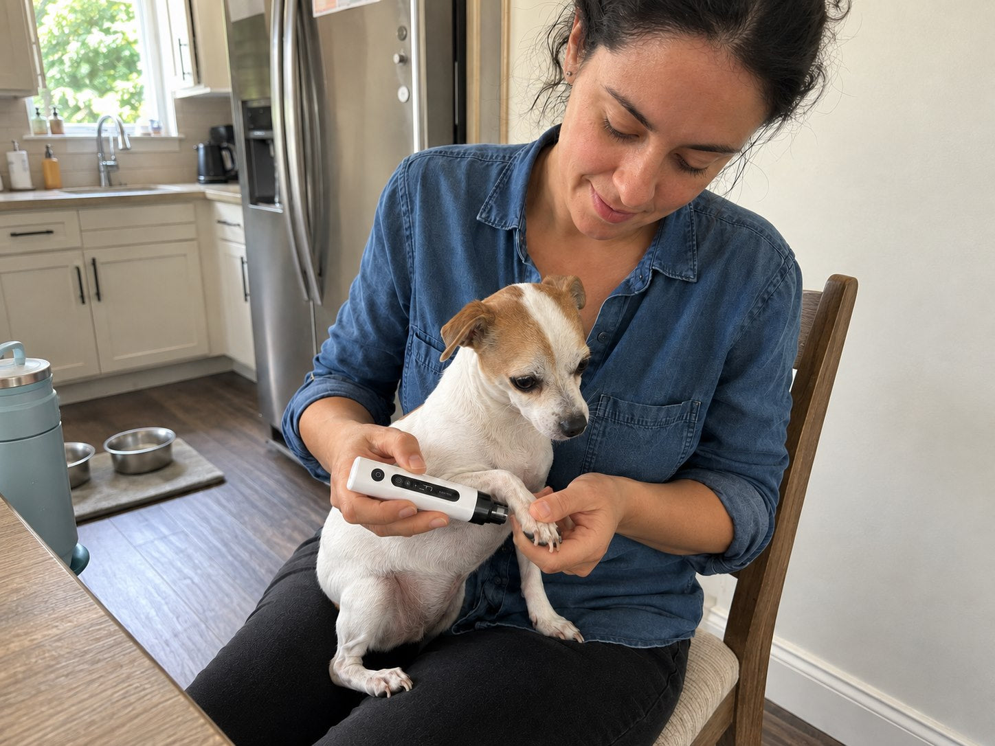Relaxed dog resting its head on its owner's lap during a nail trim