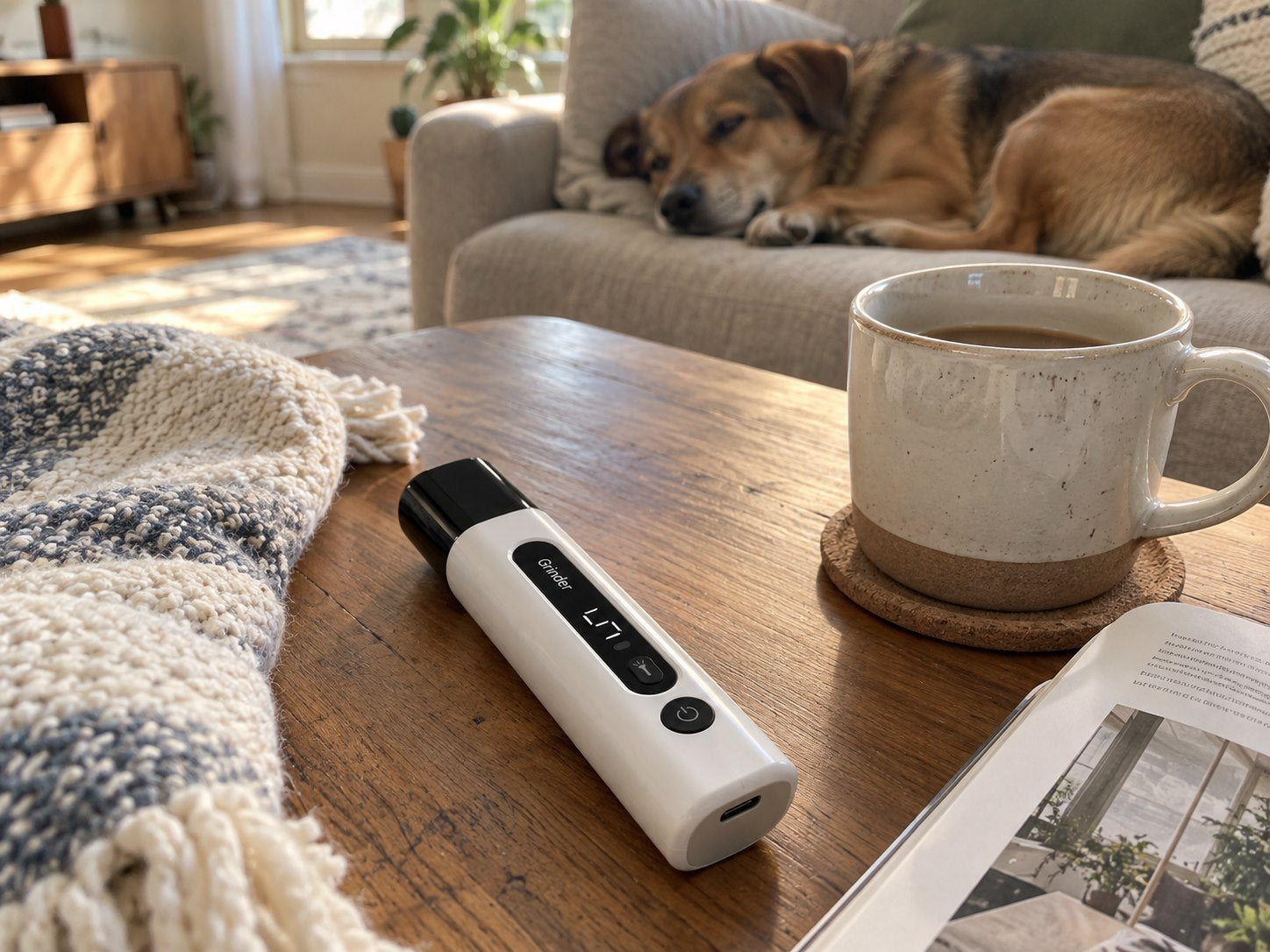 Hands holding a nail grinder gently with a dog nearby in warm light