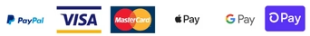PayPal, Visa, Mastercard, Apple Pay, Google Pay, and Shop Pay